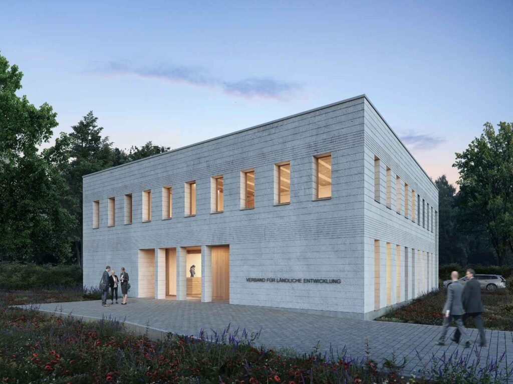 Visualisierung des neuen Verwaltungsgebäudes in Tirschenreuth, das in eine lebendige Landschaft integriert ist.