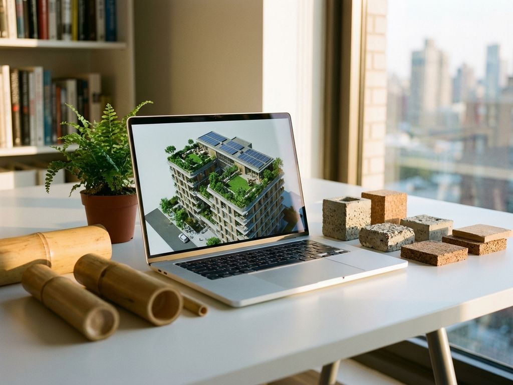 Architekt-Arbeitsplatz mit Laptop zeigt 3D-Gebäudemodell mit Solarpanels, umgeben von nachhaltigen Bambusproben und Pflanzen
