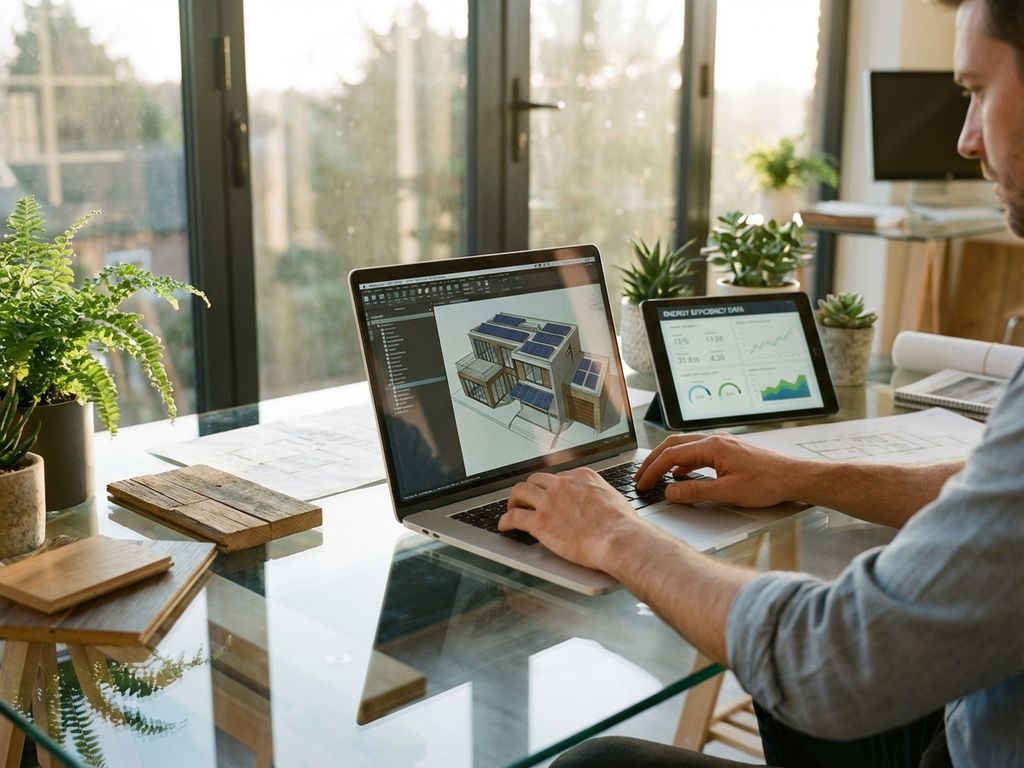 Architekt arbeitet an Laptop mit 3D-Gebäudemodell und Solarpanels, Tablet zeigt Energiedaten, grüne Pflanzen im Büro