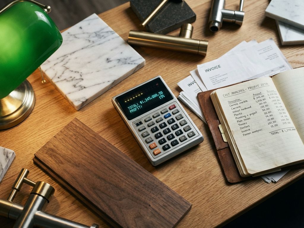 Architektenschreibtisch mit Taschenrechner, Materialproben aus Marmor und Holz, sowie Kostenanalyse-Notizbuch