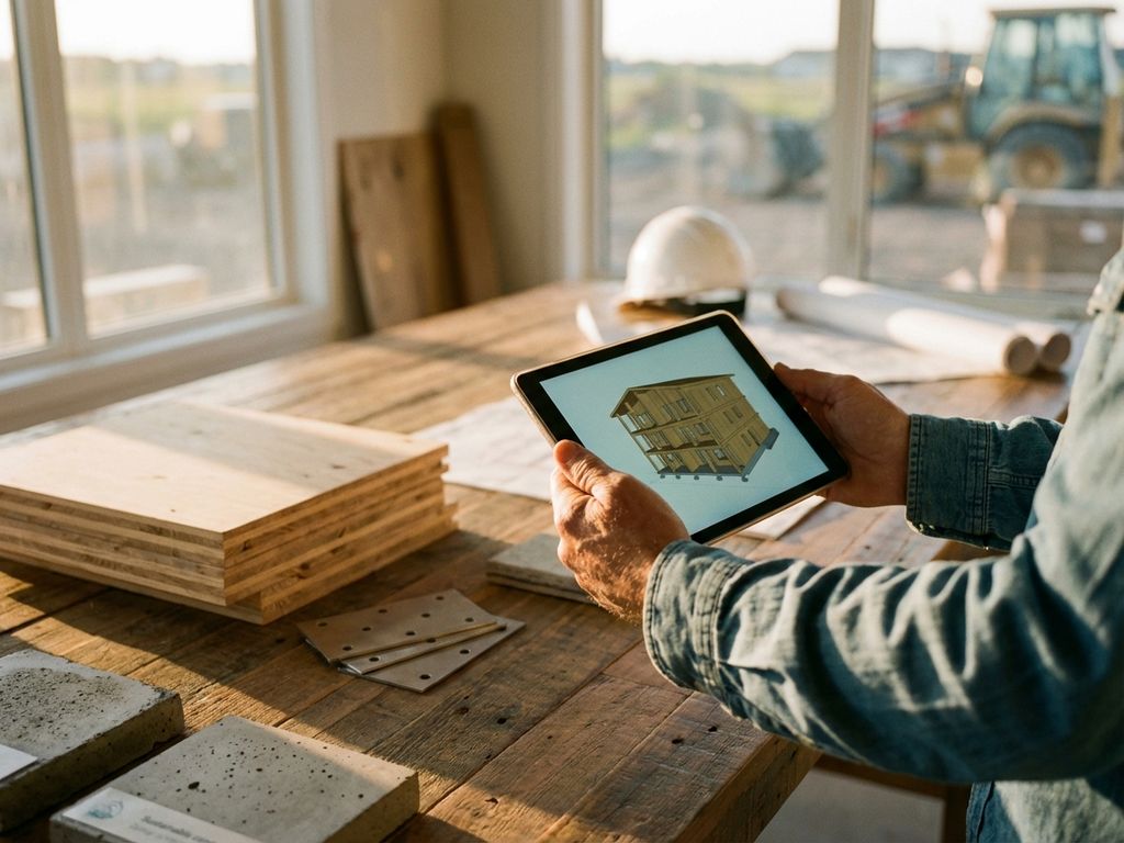 Architekt hält Tablet mit 3D-Gebäudemodell über modernen Baumaterialien auf Baustellen-Bürotisch
