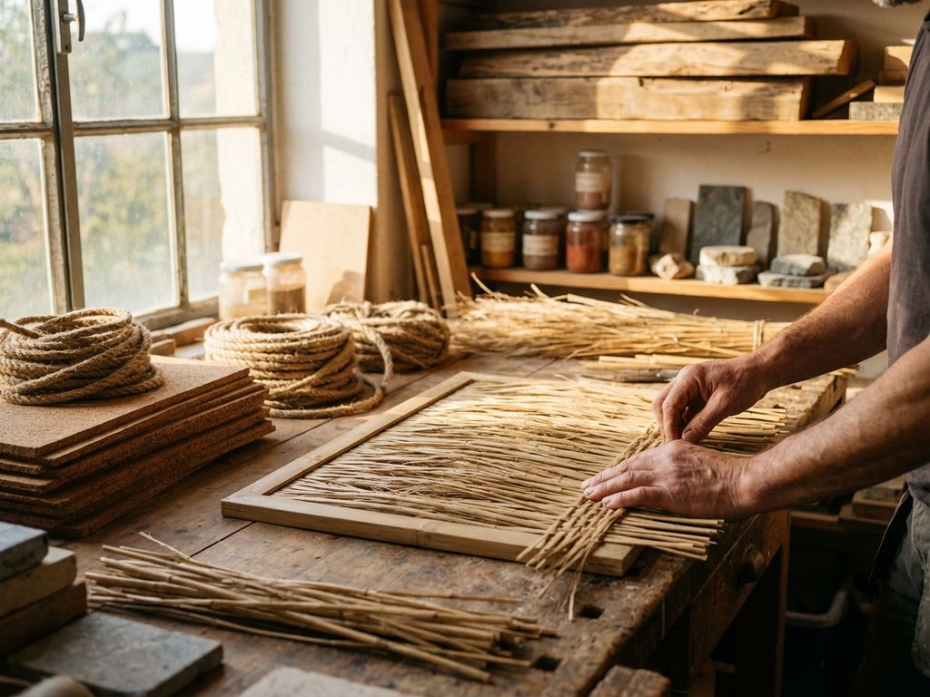 Handwerker formt Bambusfasern zu nachhaltigen Baupaneelen auf Holzwerkbank mit Hanfseilen und Korkplatten im Sonnenlicht