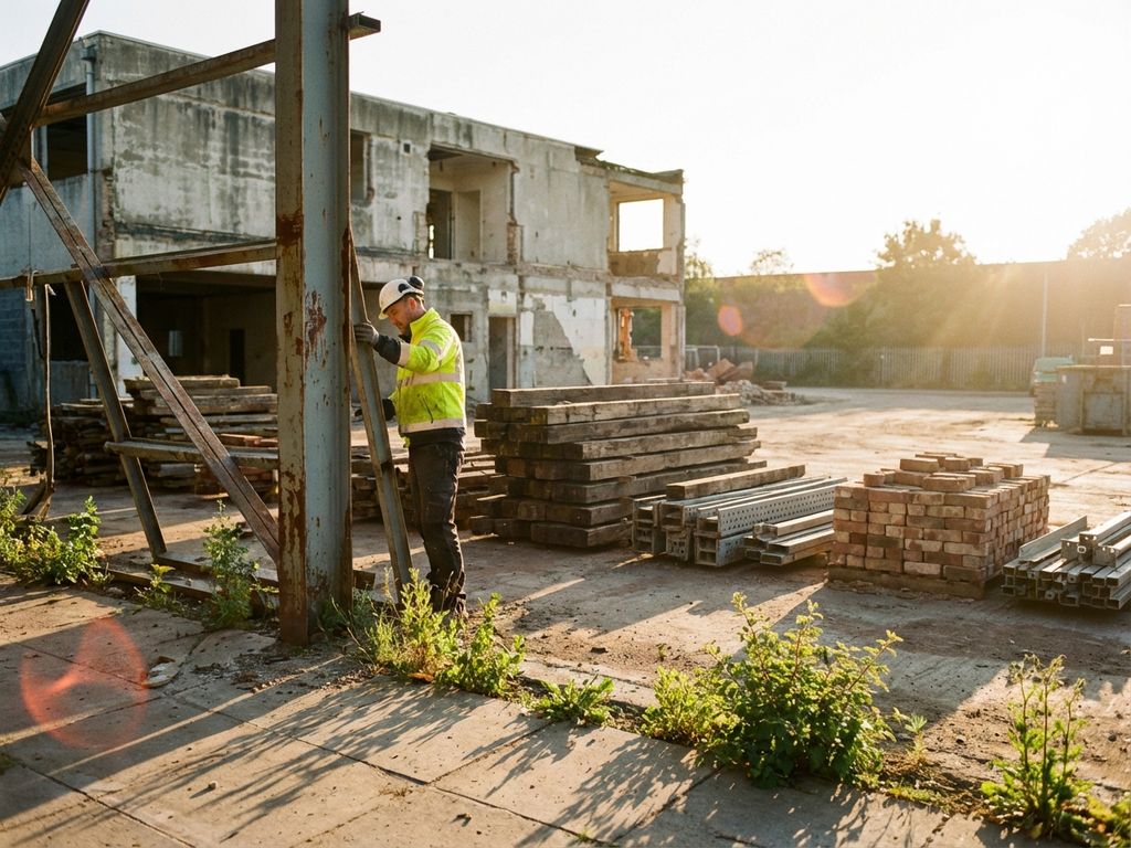 Bauarbeiter in Sicherheitskleidung prüft Stahlträger bei Gebäuderückbau mit sortierten wiederverwertbaren Materialien