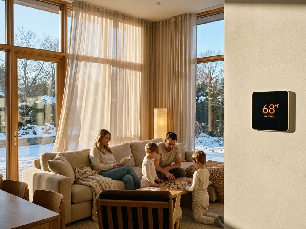 Familie entspannt in modernem Wohnzimmer mit Thermostat an der Wand, warmes Sonnenlicht durch große Fenster