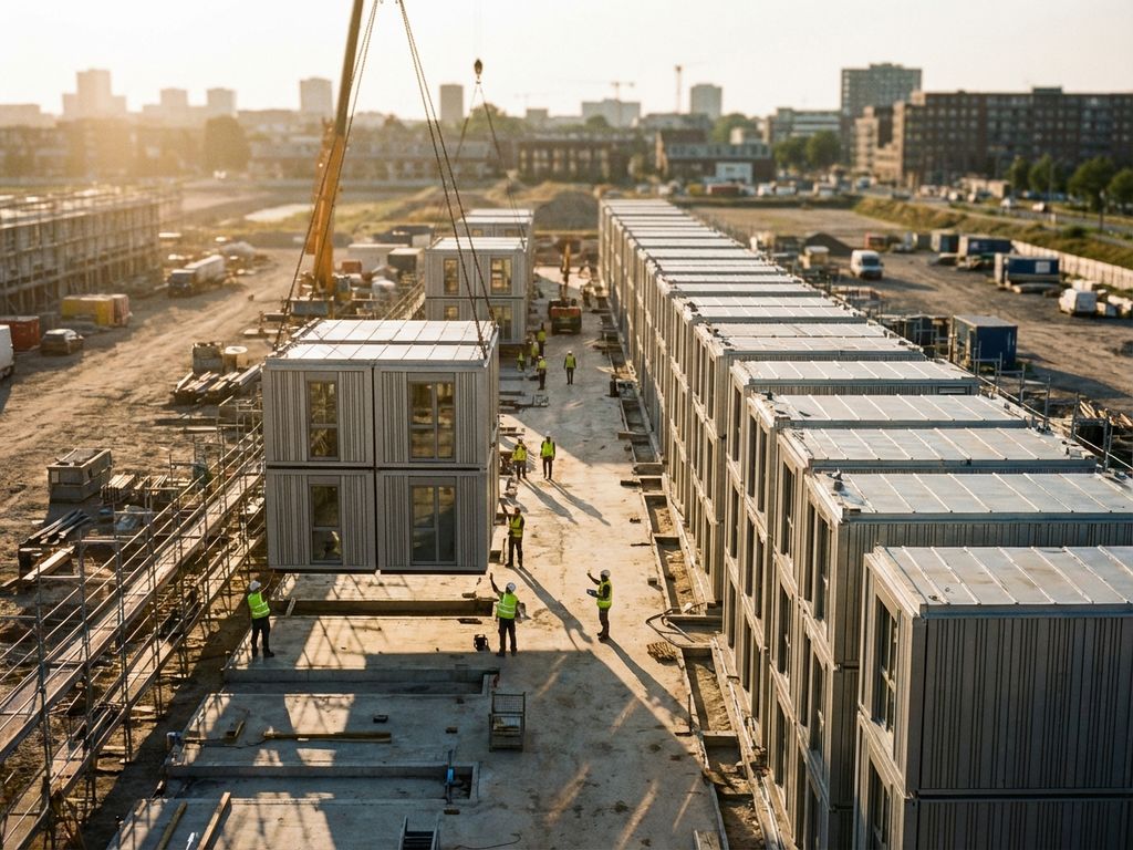 Baustelle mit identischen Fertighaus-Modulen in Reihen, Bauarbeiter koordinieren systematische Montage bei Sonnenuntergang