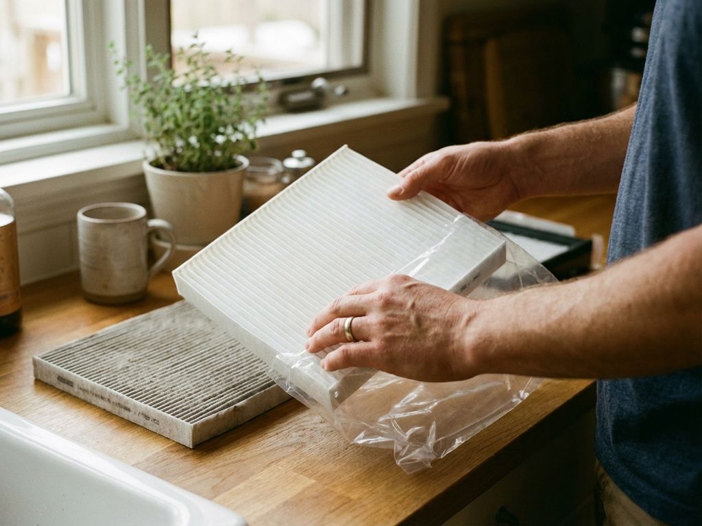 Hände entfernen neuen weißen Luftfilter aus Verpackung auf Küchentheke, alter grauer Filter zum Vergleich daneben