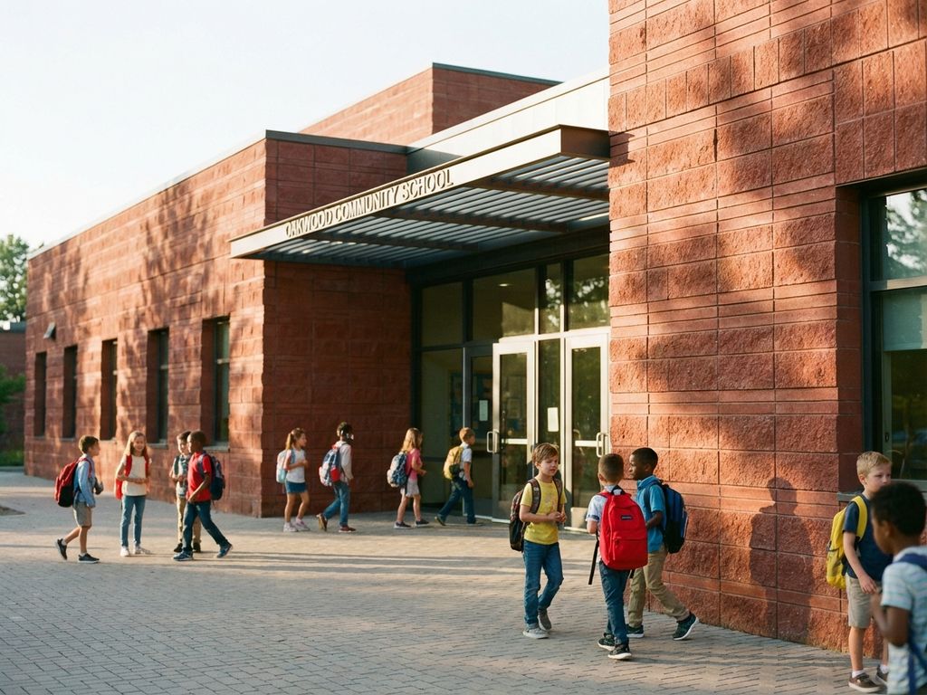 Moderne Schule mit roten Ziegelfassade, Schüler mit bunten Rucksäcken im sonnigen Eingangsbereich