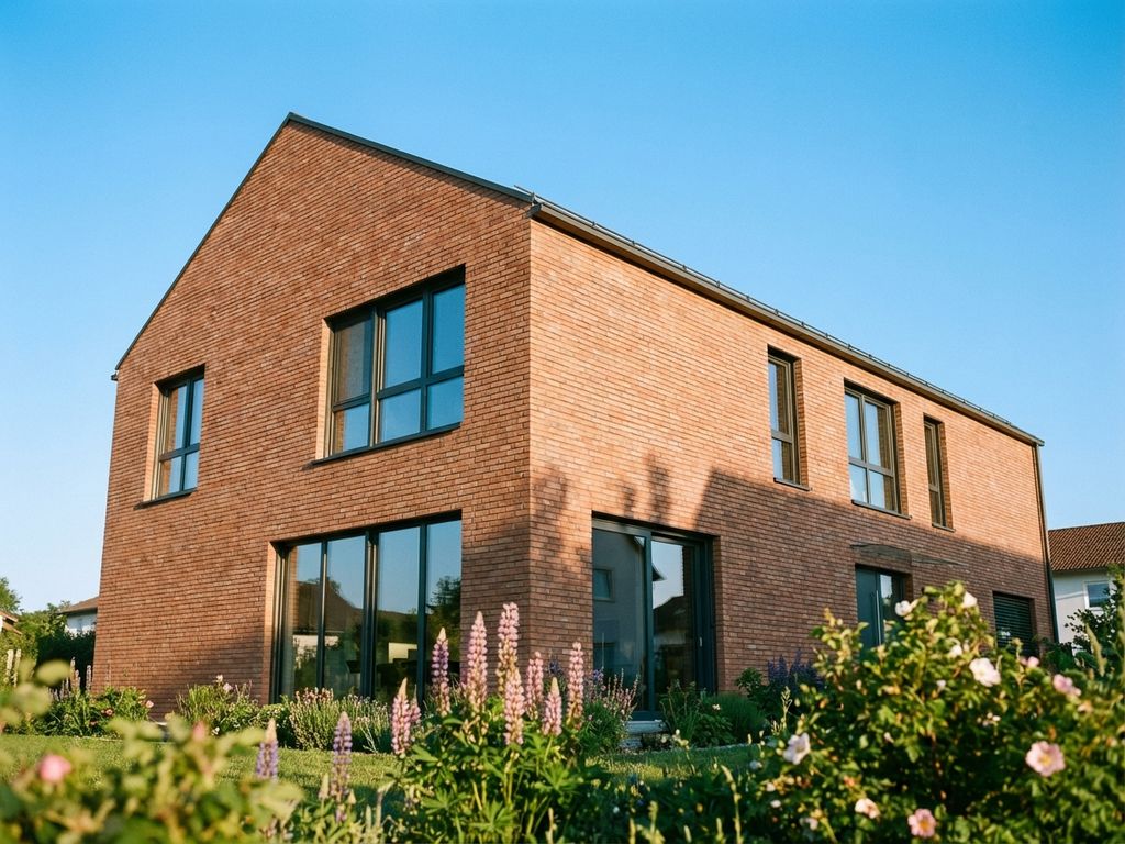 Modernes bayerisches Einfamilienhaus mit Terrakotta-Klinkerfassade und großen Fenstern vor gepflegtem Garten