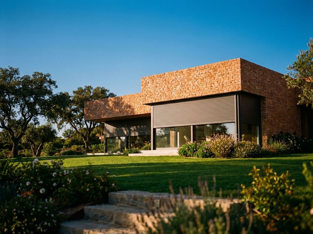 Modernes Einfamilienhaus mit Terrakotta-Ziegelfassade und geometrischen Linien in gepflegtem bayerischen Garten