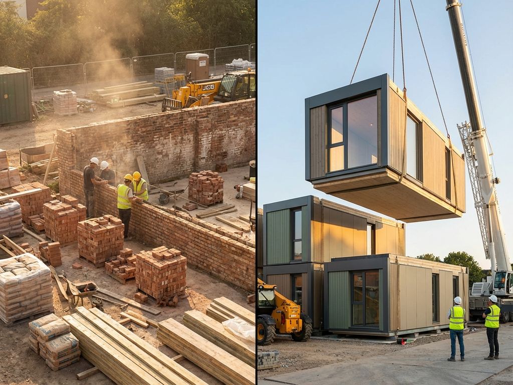 Modulbau-Vergleich: traditioneller Ziegelbau links, effiziente vorgefertigte Module rechts mit Kran und nachhaltigen Materialien