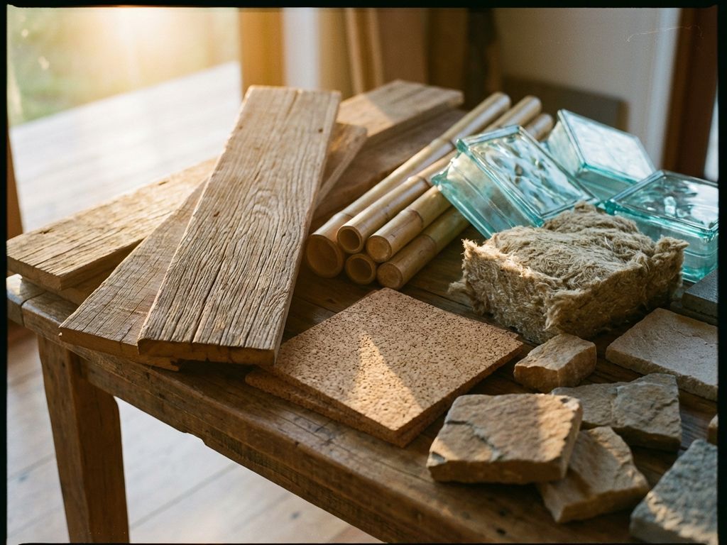 Nachhaltige Baumaterialien auf Holztisch: Altholz, Bambus, Kork, Recyclingglas und Hanffasern in warmem Licht