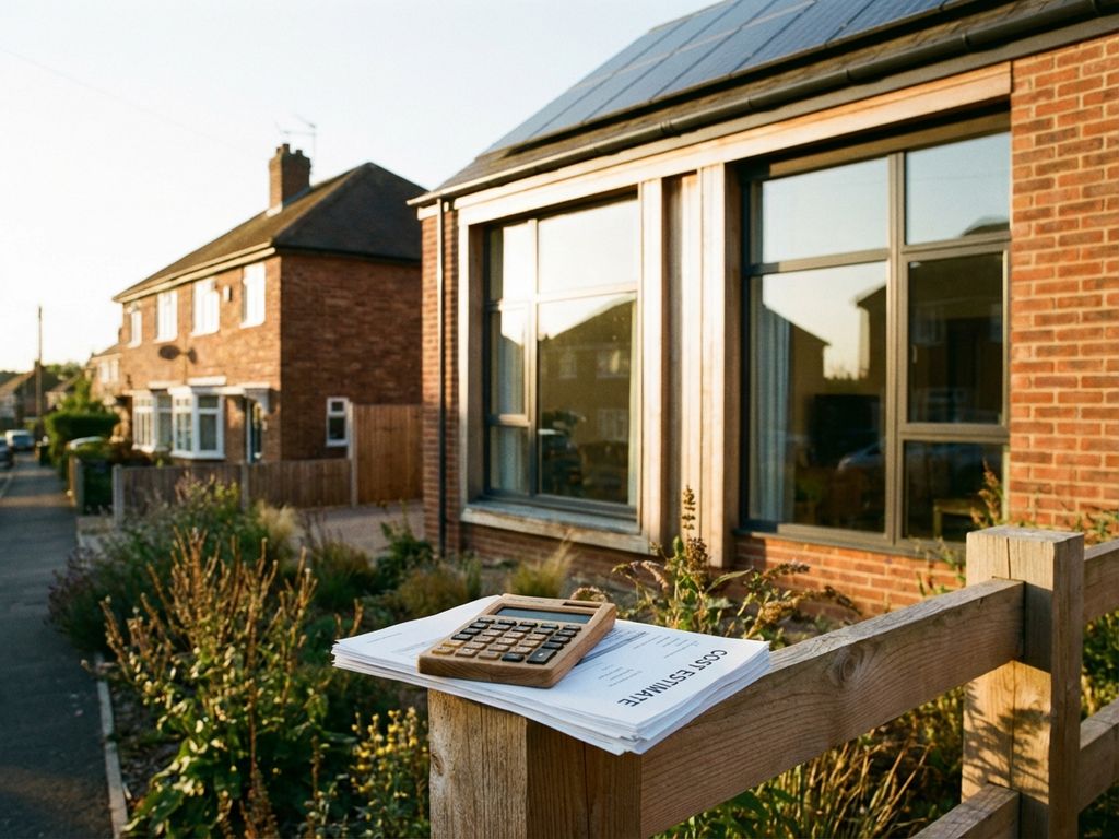 Modernes Ökohaus mit Solarpanels und energieeffizienten Fenstern, Kostenrechner auf Holzzaun, traditionelles Haus im Hintergrund