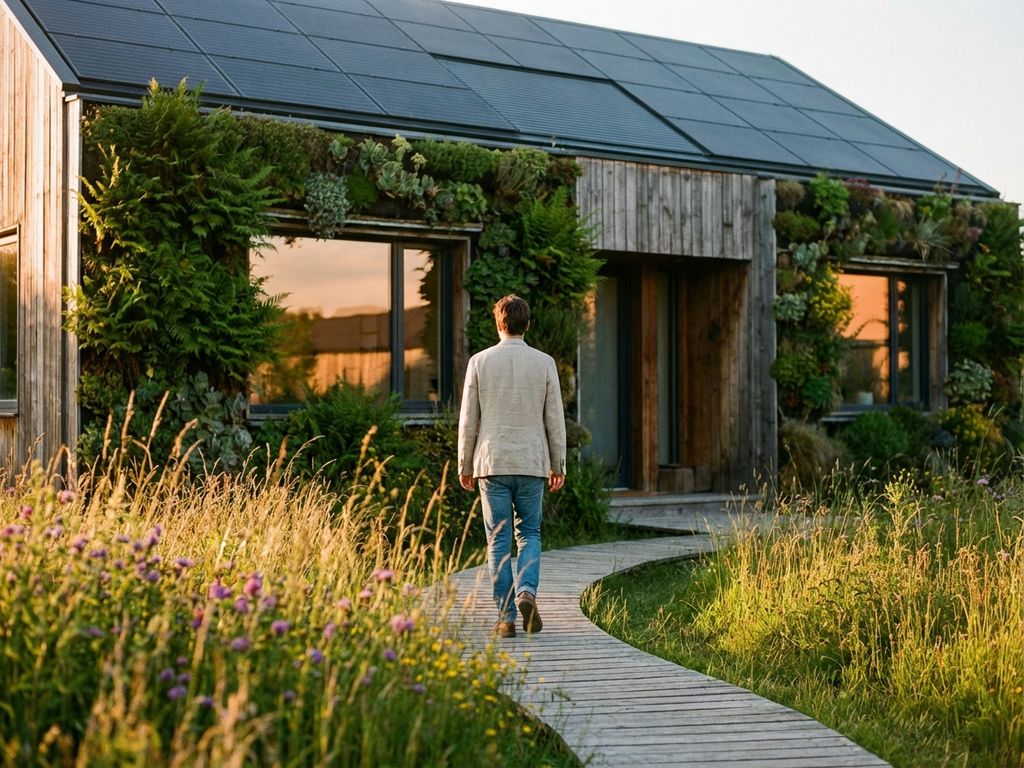 Nachhaltiges Ökohaus mit Solarpanels, begrünten Wänden und Person auf Holzweg, umgeben von Wildblumen im Sonnenlicht