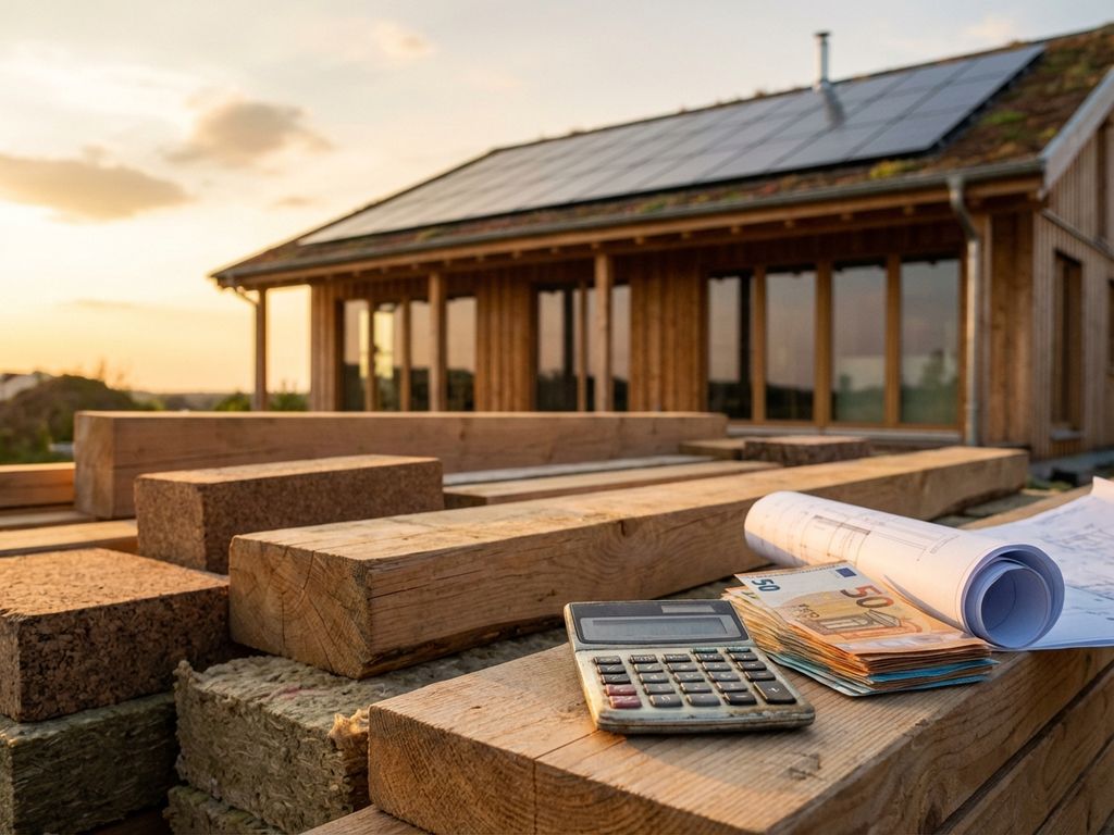 Taschenrechner und Euro-Banknoten vor modernem Ökohaus mit Solarpanels und nachhaltigen Baumaterialien