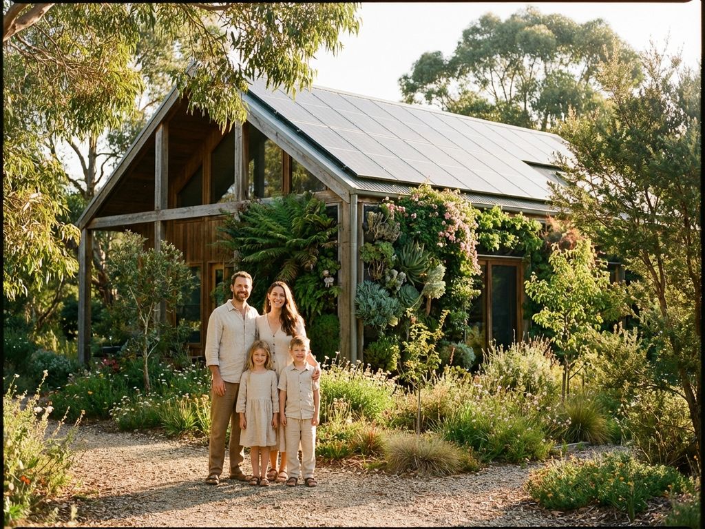 Vierköpfige Familie vor modernem Ökohaus mit Solarpanels, grünen Wänden und natürlichem Garten bei goldenem Sonnenlicht