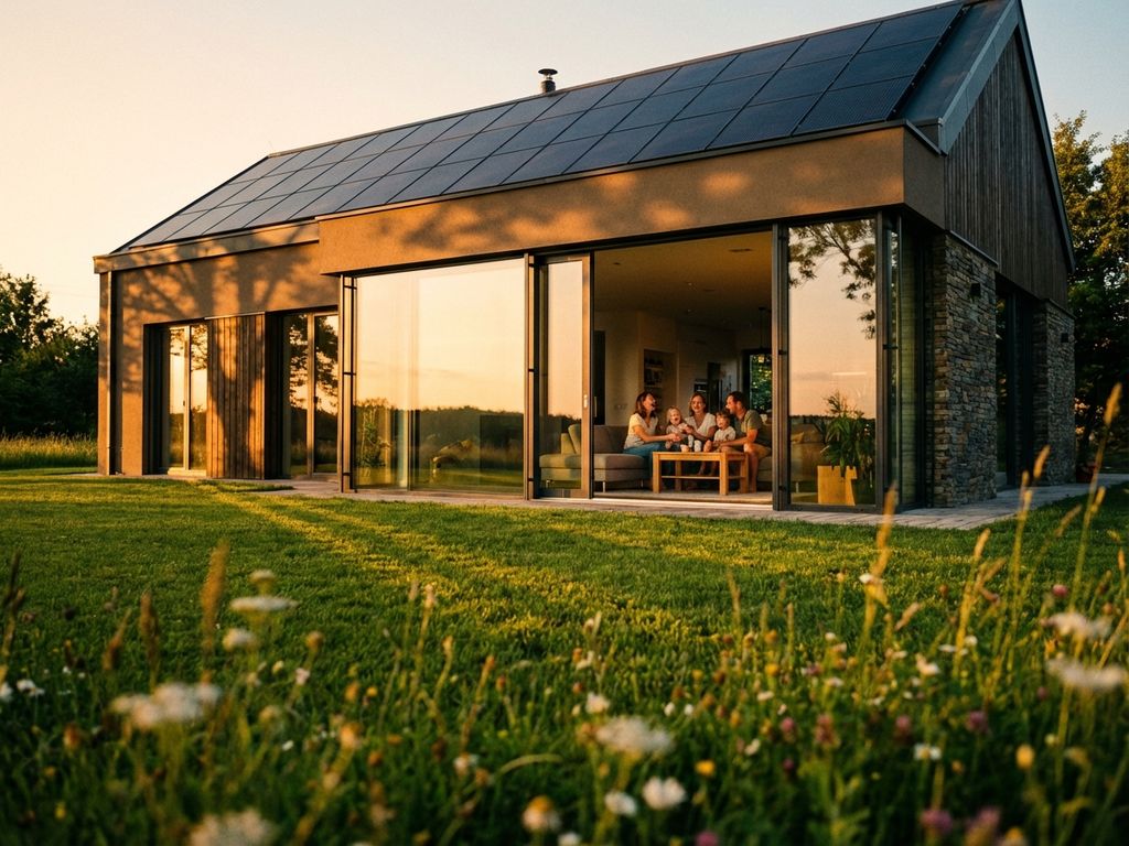 Modernes umweltfreundliches Haus mit Solarpanels und großen Fenstern, Familie im Inneren sichtbar, umgeben von Bäumen