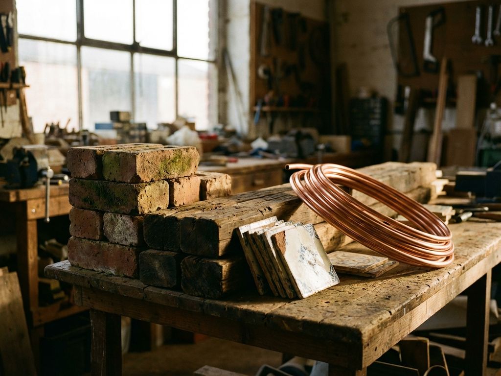 Verwitterter Holztisch mit recycelten Baumaterialien: gestapelte Ziegel, Holzbalken, Vintage-Fliesen und Kupferrohre