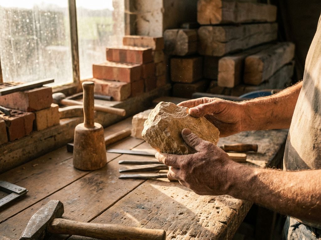 Steinmetz prüft Kalkstein mit traditionellen Werkzeugen in sonnendurchfluteter Werkstatt mit Ziegeln und Holzbalken