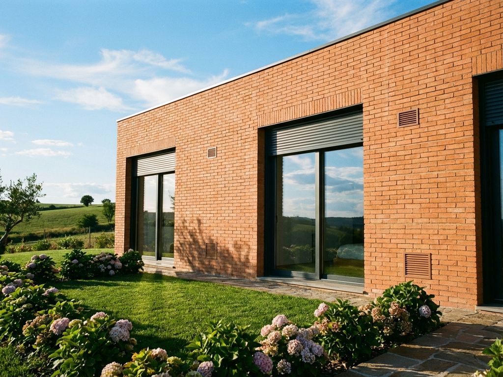 Modernes Einfamilienhaus aus Terrakotta-Ziegeln mit Rollläden und gepflegtem Garten in bayerischer Landschaft