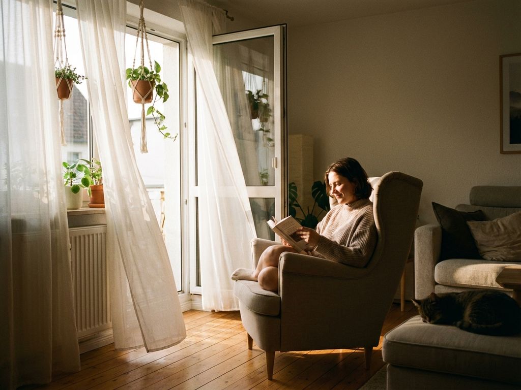 Person entspannt mit Buch im Sessel, warmes Sonnenlicht durch offenes Fenster, Pflanzen im modernen Wohnzimmer