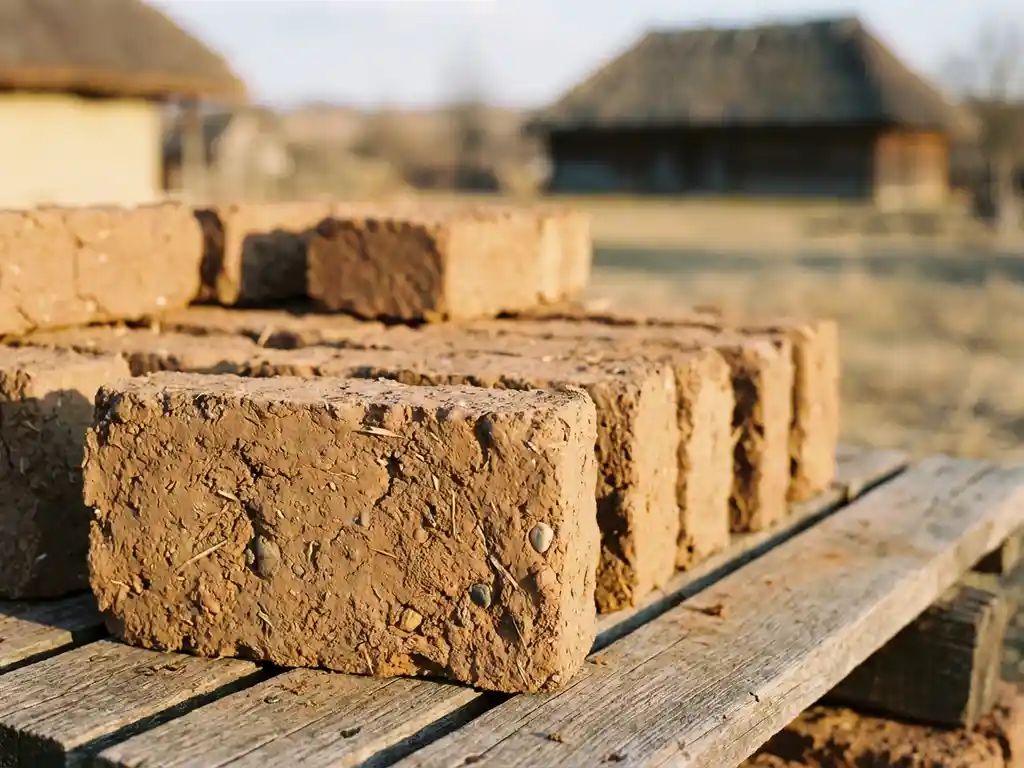 Handgefertigte Lehmziegel trocknen auf Holzplanken im warmen Sonnenlicht, zeigen natürliche Texturen in erdigen Brauntönen