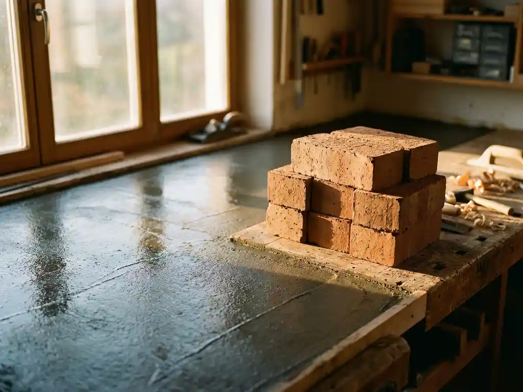 Frisch gegossener Betonboden und gestapelte Terrakotta-Ziegel auf Holzarbeitsfläche in heller Handwerkerwerkstatt