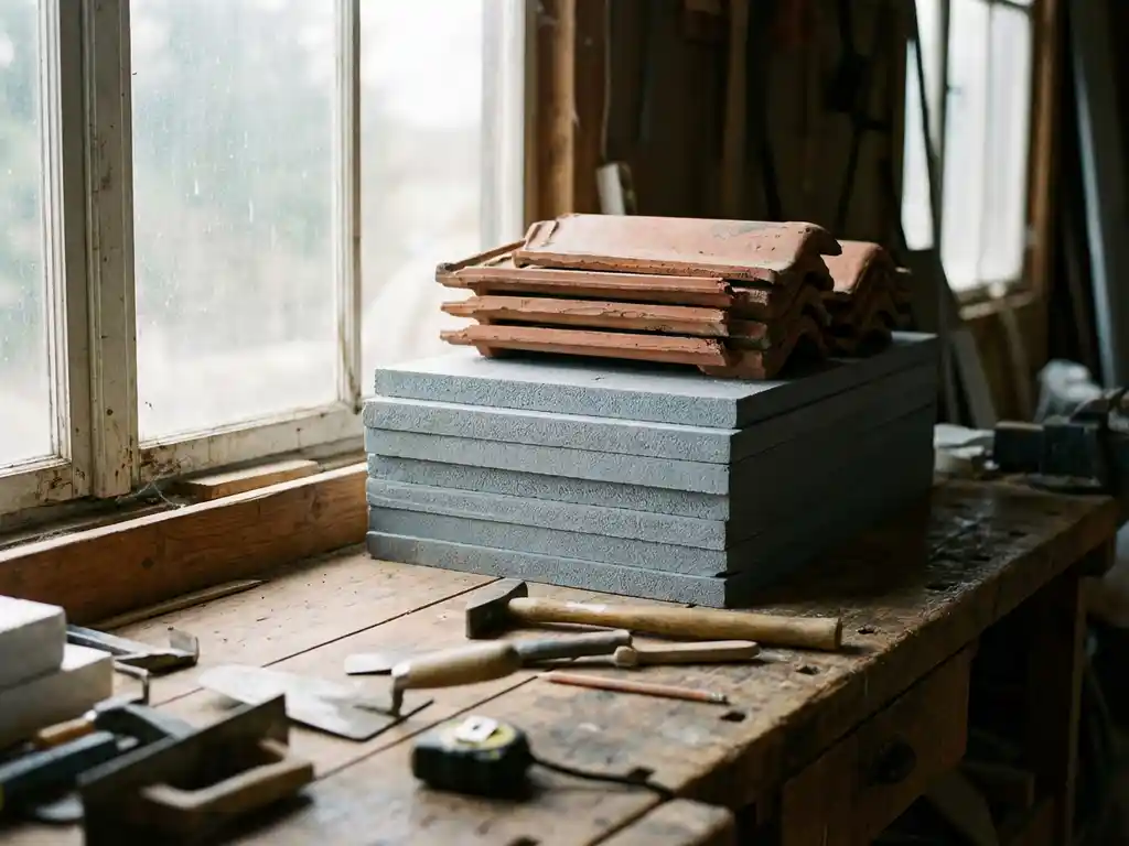 Stapel grauer Dämmplatten unter rustikalen Tonziegeln auf Holzwerkbank mit Bauwerkzeugen in Tageslicht