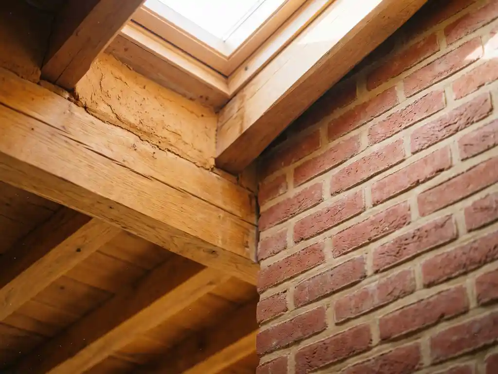 Deckendetail mit honigfarbenem Lehm und Holzbalken links, rotem Backsteinmauerwerk rechts, natürliches Tageslicht