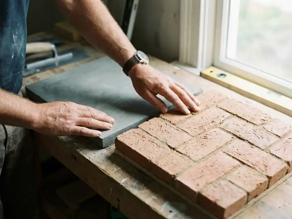 Craftsman's hands touching wet concrete screed and terracotta clay screed samples on wooden workbench in workshop