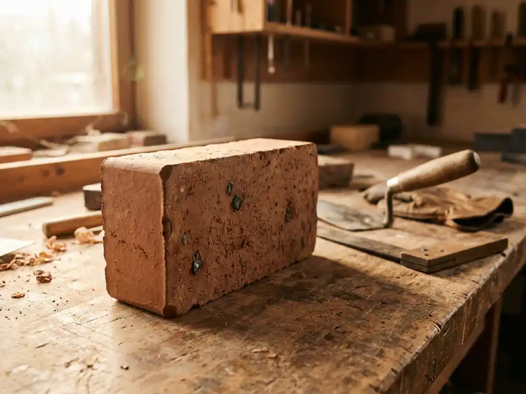 Terracotta Estrichziegel auf Holzwerkbank mit Maurerkelle und Winkel bei natürlichem Licht