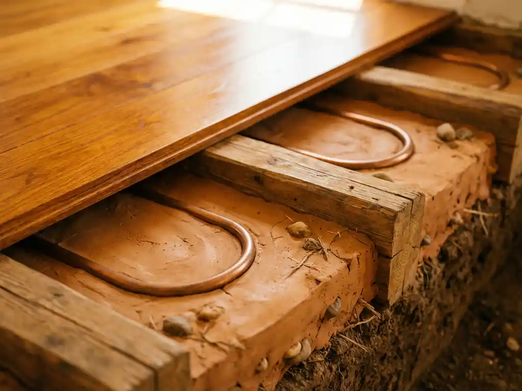 Querschnitt eines warmen Holzbodens mit Lehm-Holz-Konstruktion und kupfernen Heizrohren in natürlichen Erdtönen
