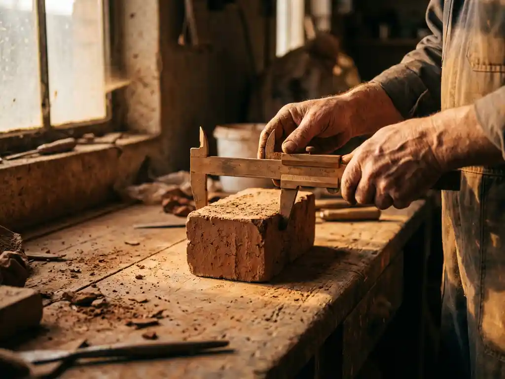 Handwerker misst Dicke eines handgefertigten Tonziegels mit Holzmessschieber auf rustikaler Werkbank im warmen Sonnenlicht