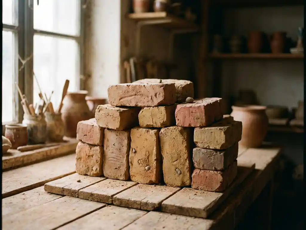Handgefertigte Tonziegel mit natürlicher Erdtextur gestapelt auf verwitterten Holzplanken in traditioneller Werkstatt