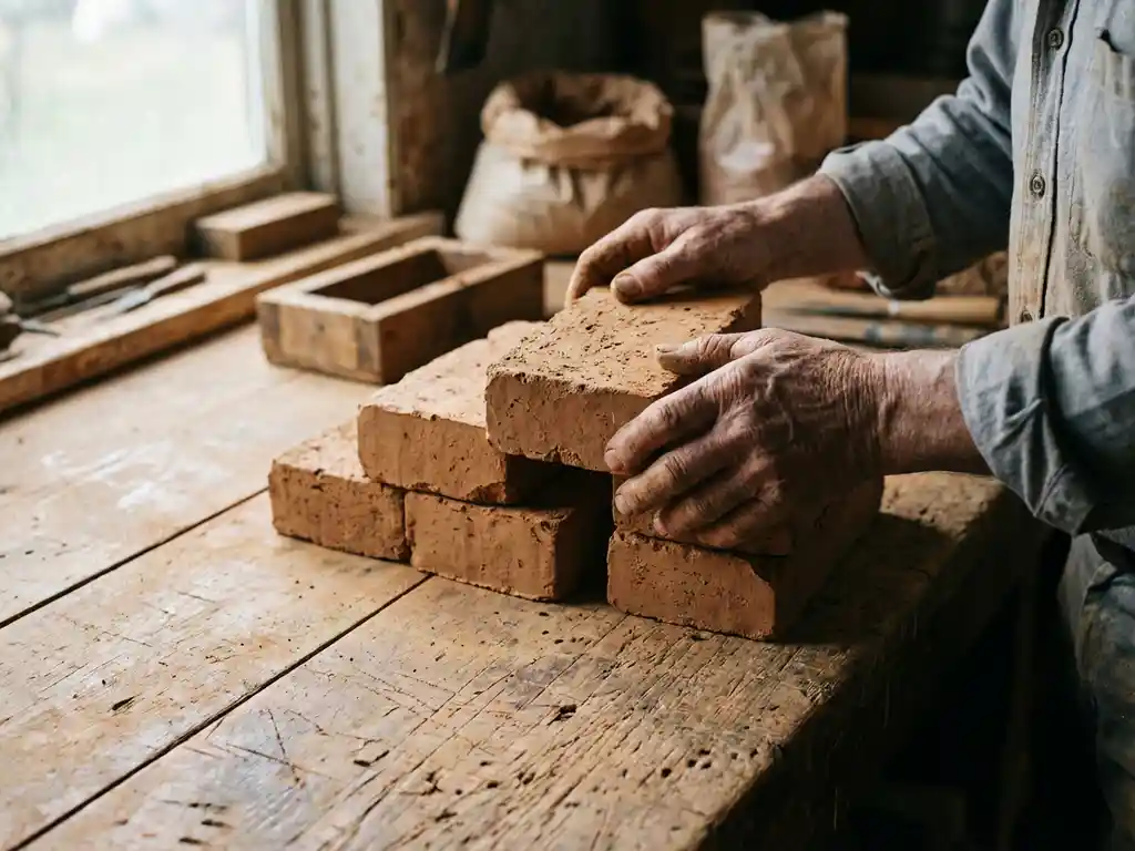 Handwerker stapelt sorgfältig erdbraune Tonziegel auf Holzwerkbank bei natürlichem Fensterlicht