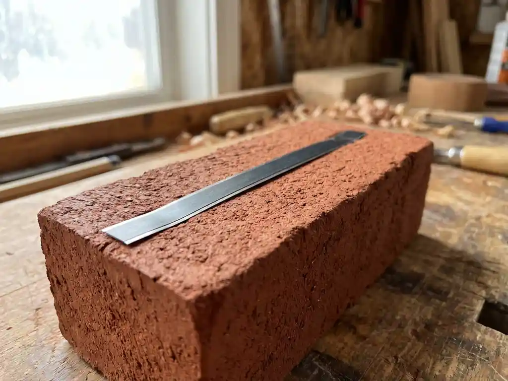 Tonziegel mit eingebetteter schwarzer Heizfolie auf Holzwerkbank in heller Handwerkerwerkstatt