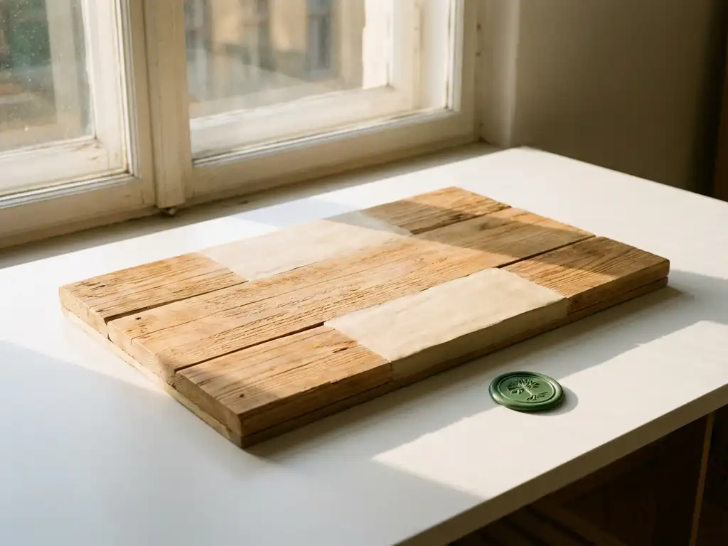 Holz-Lehm-Deckenplatte mit natürlicher Maserung auf weißem Architektentisch neben grüner Zertifizierungsplakette