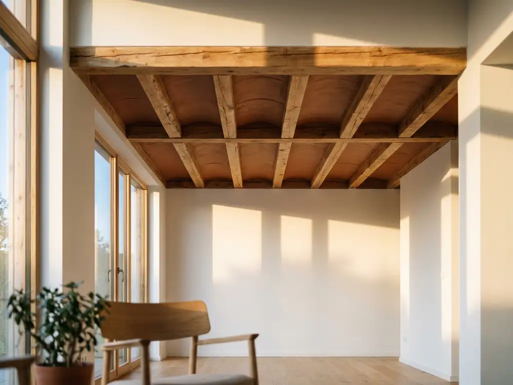 Holz-Lehm-Deckenverkleidung mit natürlichen Balken und terrakottafarbenen Lehmabschnitten in modernem Modulhaus