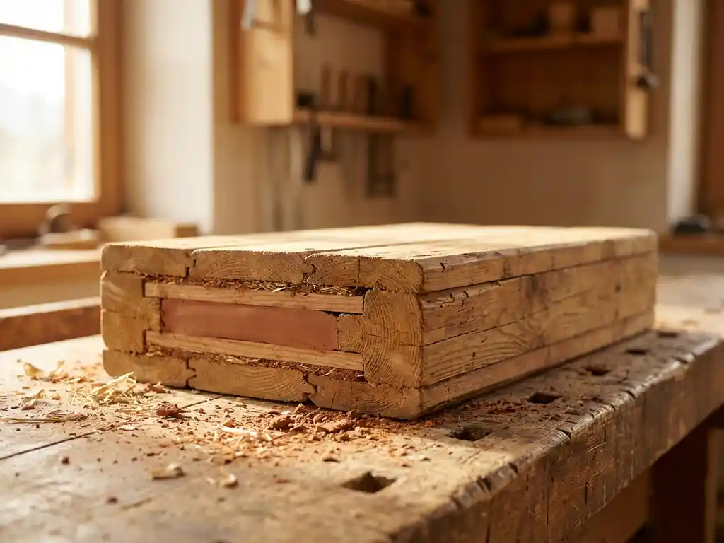 Querschnitt einer Holz-Lehm-Verbunddeckenplatte auf rustikaler Werkbank mit sichtbaren Holzbalken in Terrakotta-Lehm