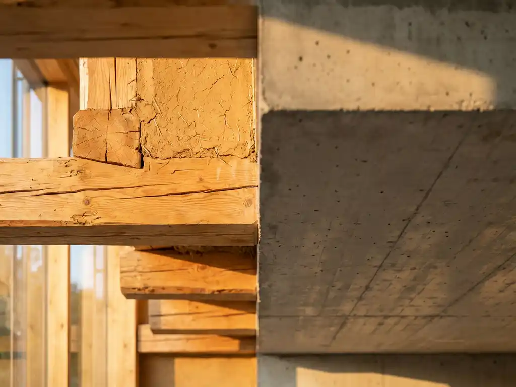 Querschnitt zweier Deckenstrukturen: warme Holzbalken mit Lehm links, glatter grauer Beton rechts im goldenen Licht