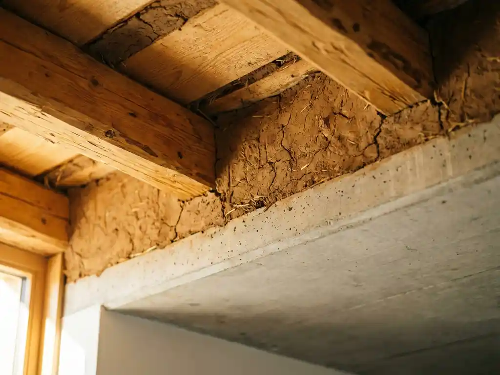 Querschnitt einer Decke mit freiliegenden Holzbalken und natürlichem Lehm, warmes Sonnenlicht beleuchtet die organischen Materialien