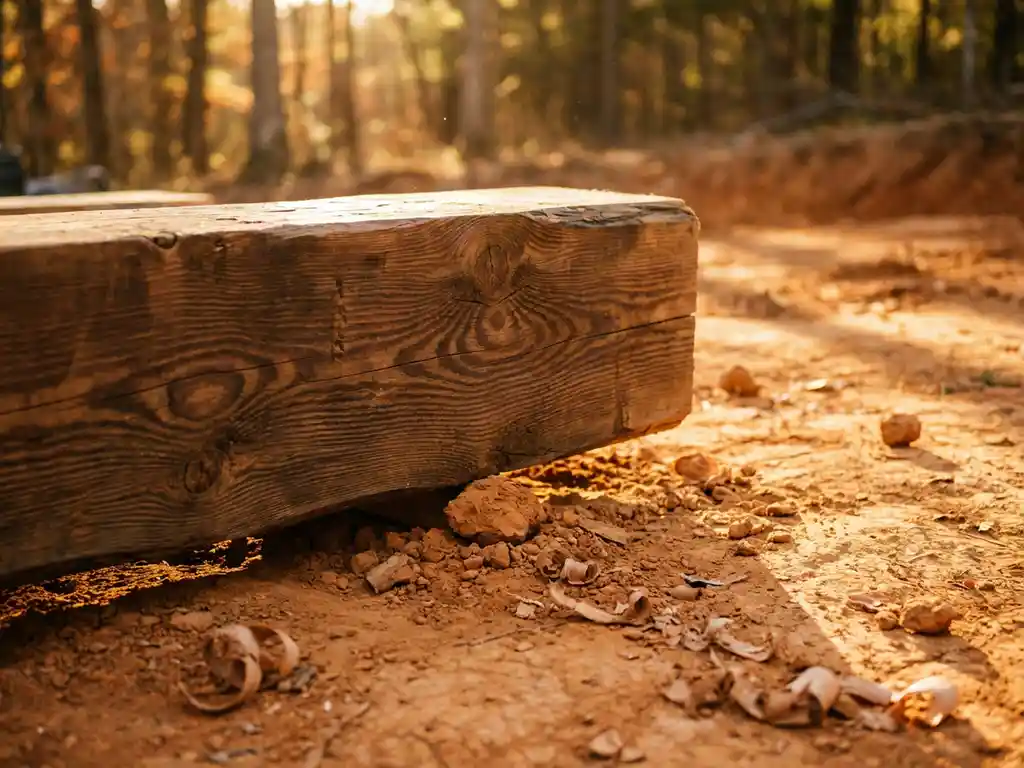 Schwerer Holzbalken liegt horizontal auf natürlichem Lehmboden, warme Brauntöne mit goldenen Schatten