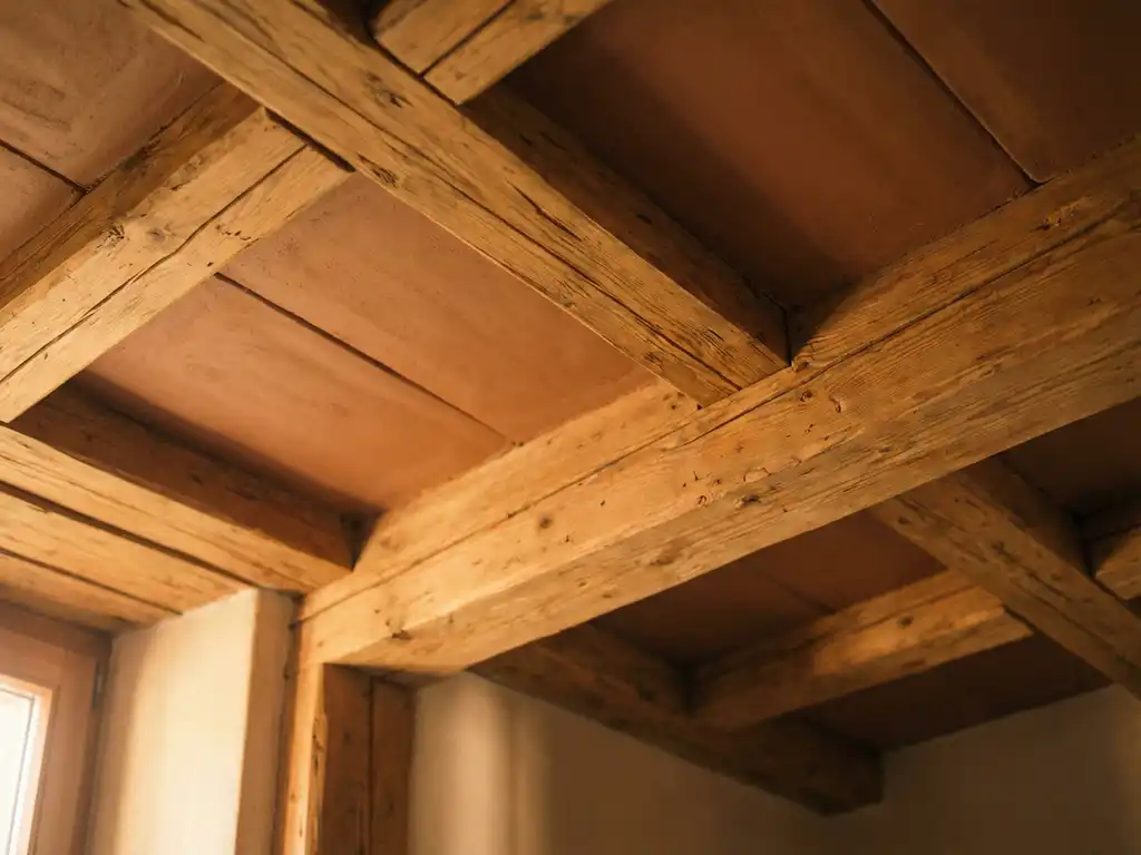 Holzbalkendecke mit honigfarbenen Balken und glatten Lehmfüllungen in warmem Nachmittagslicht