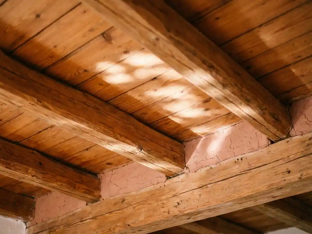 Rustikale Holzbalkendecke mit honigfarbenen Balken und terrakottafarbenem Lehmputz zwischen den Balken