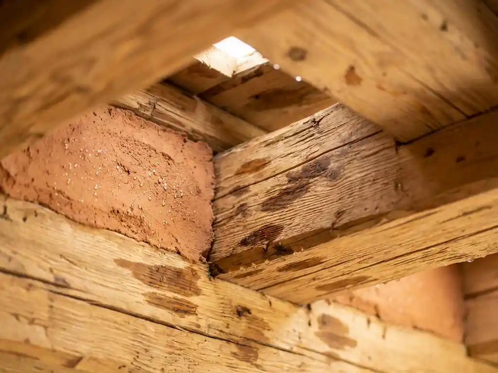 Rustikale Holzbalkendecke mit Lehmputz zwischen den Fugen, Wassertropfen perlen auf der Tonoberfläche ab
