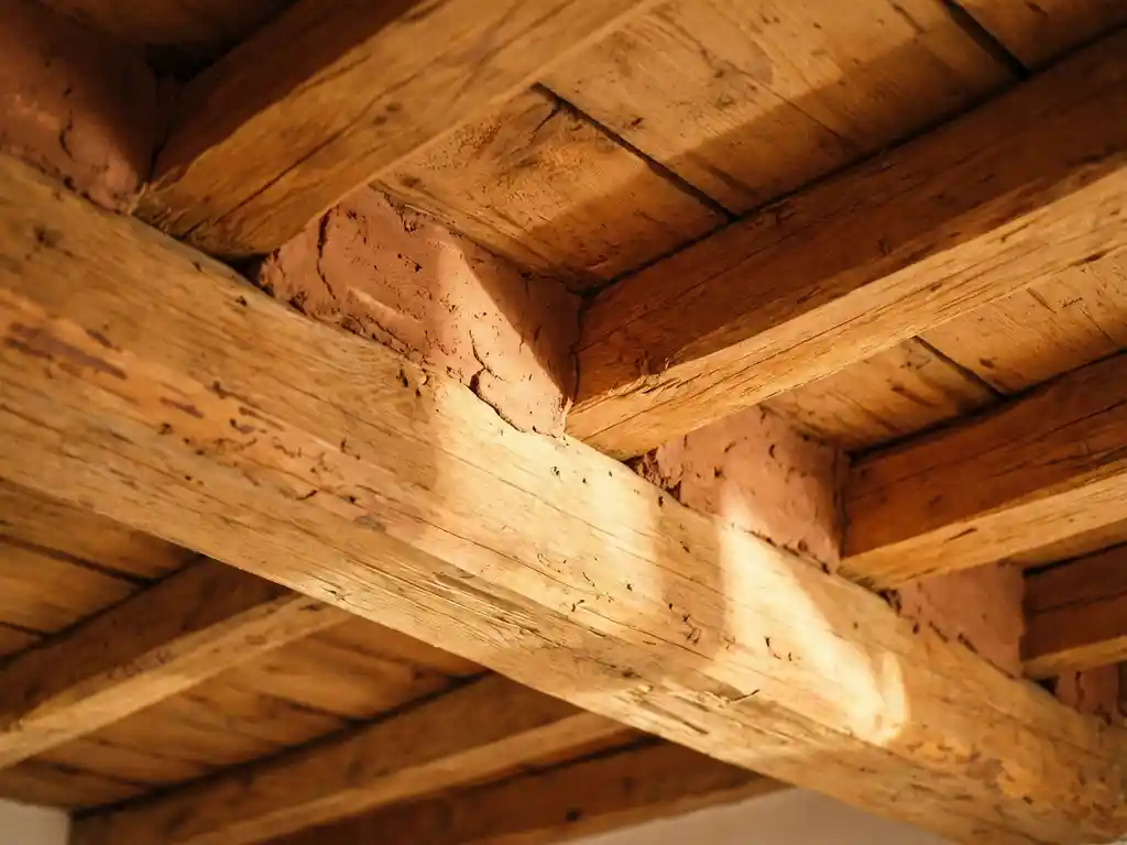 Rustikale Holzbalkendecke mit honigfarbenen Balken und glatter Lehmputz-Füllung in Terrakotta-Tönen