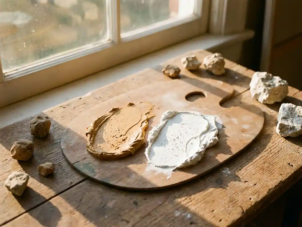 Holzpalette mit cremefarbener Tonfarbe und weißer Kalkfarbe auf rustikalem Tisch, umgeben von Tonklumpen und Kalksteinbrocken