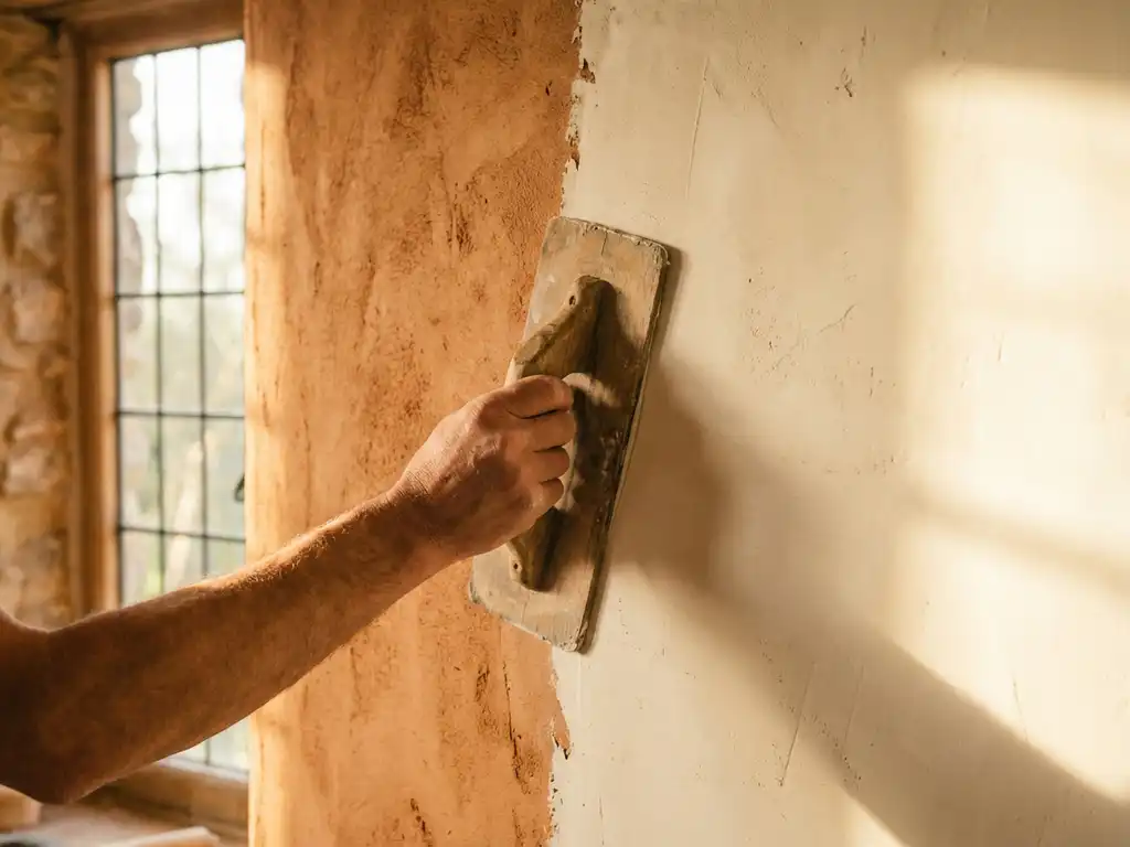 Hand trägt glatten Kalkputz mit Holzkelle auf Innenwand auf, neben erdtonem Lehmputz, warmes Sonnenlicht