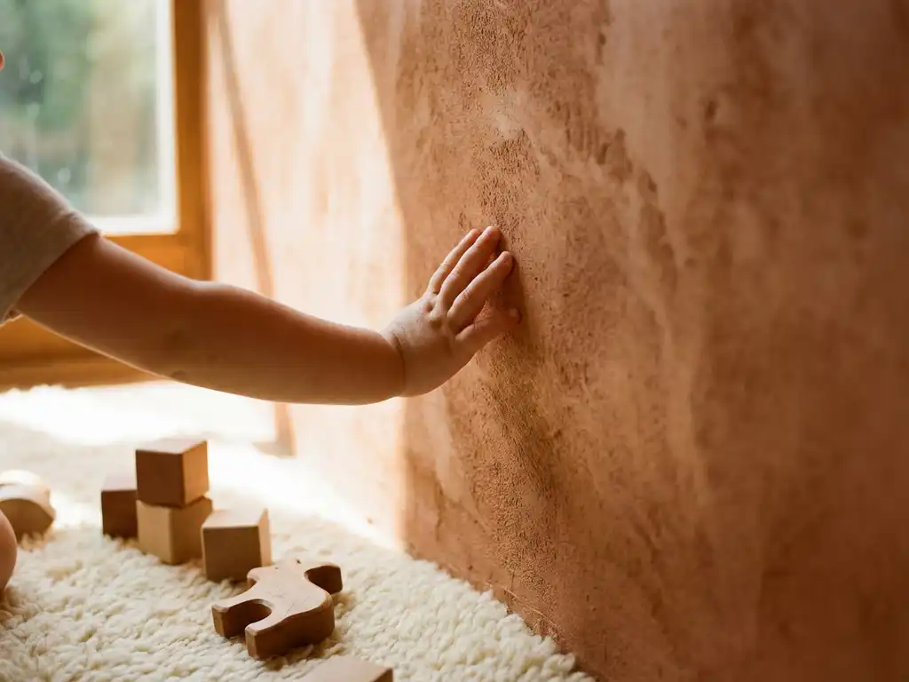 Kind berührt sanft warme Lehmwand in hellem Kinderzimmer mit Holzspielzeug und natürlichem Sonnenlicht