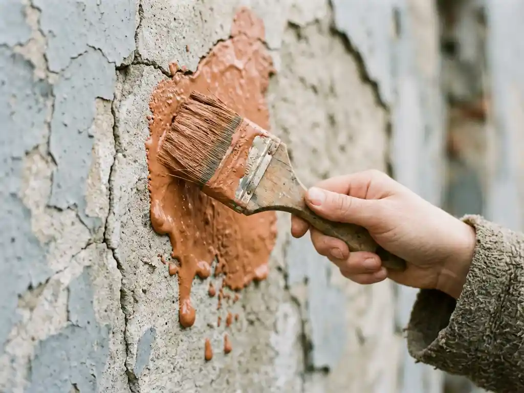 Holzpinsel mit erdiger Tonfarbe auf rissiger Betonwand, Farbe perlt ab und haftet nicht auf ungeeignetem Untergrund