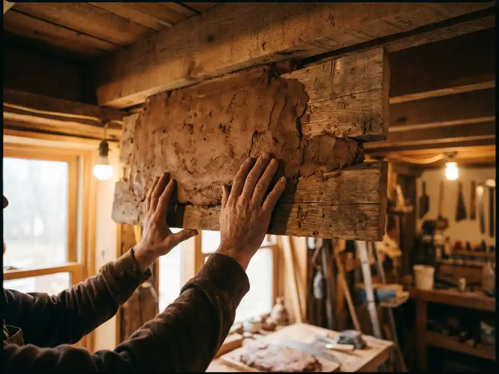 Handwerker positioniert Lehm-Holz-Verbunddeckenpanel zwischen natürlichen Holzbalken in warmer Werkstattbeleuchtung